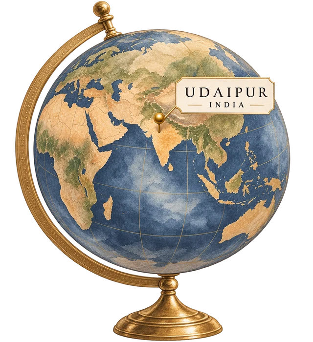 A watercolor globe with a pin marking Udaipur, India